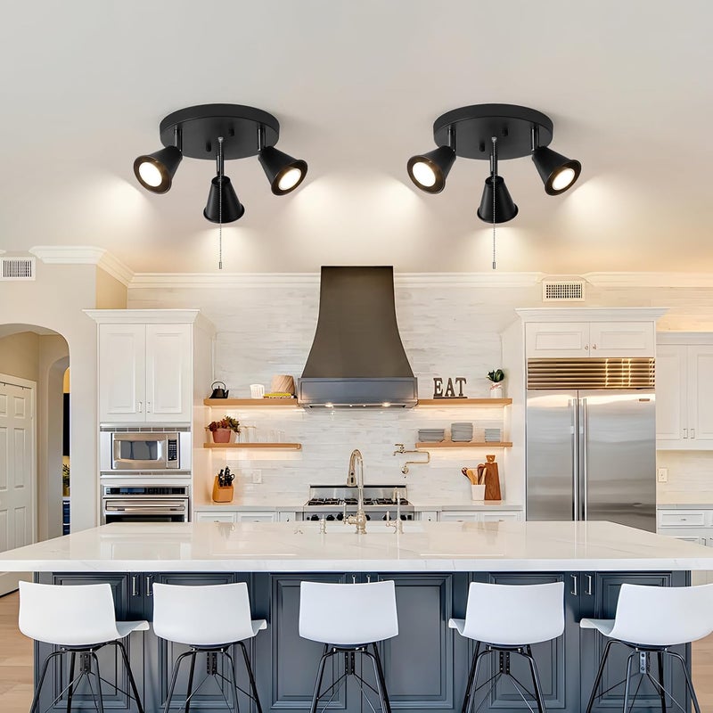 SEEBLEN 3-Light Industrial Directional Track Lighting with Pull Chain On/Off, Black Ceiling Spotlight, Morden Flush Mount Kitchen Light for Hallway,Dining Room,Porch,Office.Gu10 Bulbs Included - Image 4